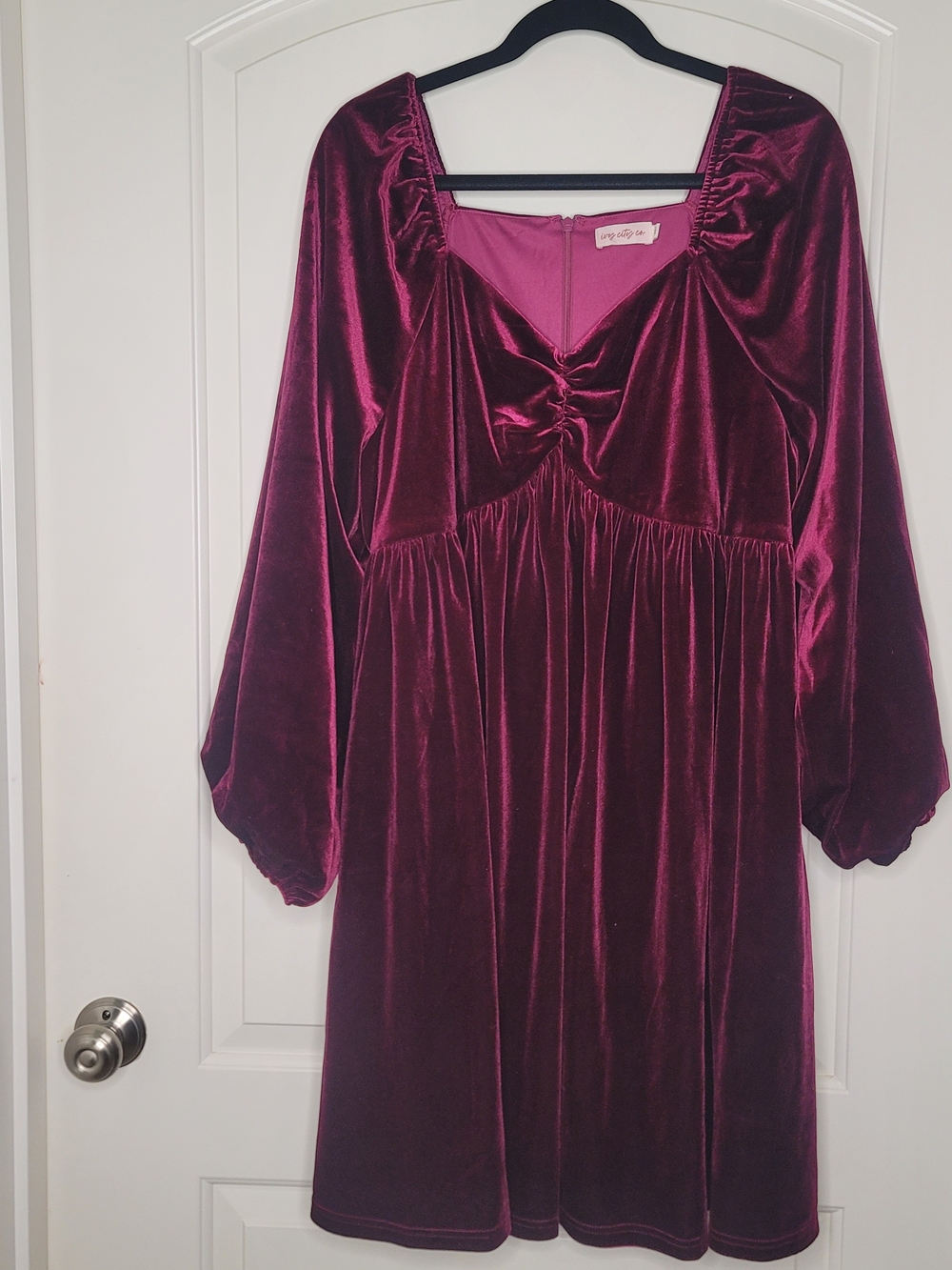 Ivy City Co Velvet Long Sleeve Mini Dress in Deep Plum